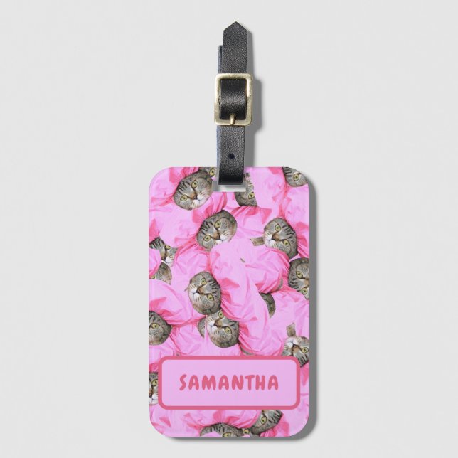 Personalised Funny Pink Cat Luggage Tag (Front Vertical)