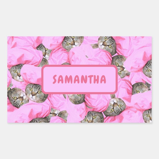 Personalised Funny Pink Cat Rectangular Sticker (Front)