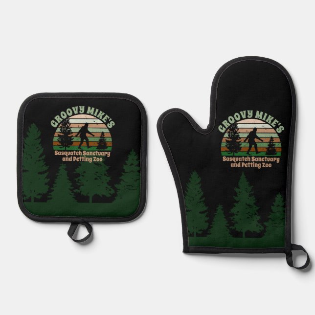 Personalised Funny Sasquatch Sanctuary Oven Mitt & Pot Holder Set (Front)