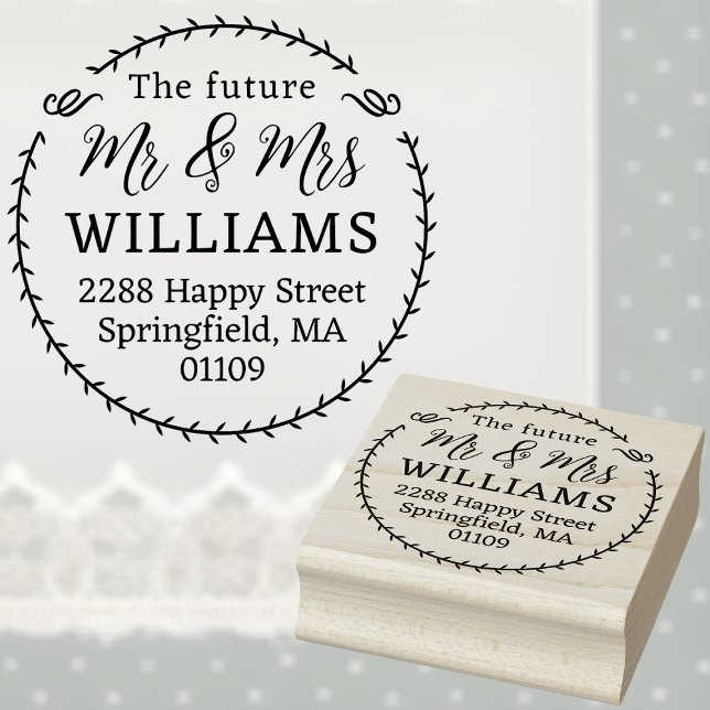 Personalised Future Mr & Mrs Round Return Address Rubber Stamp (Forever Joined, A Love Story Begins 💍❤️)