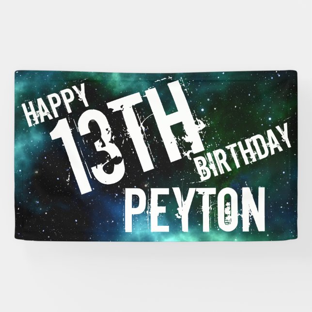 Personalised Galaxy Blue Green Birthday Party Banner (Horizontal)