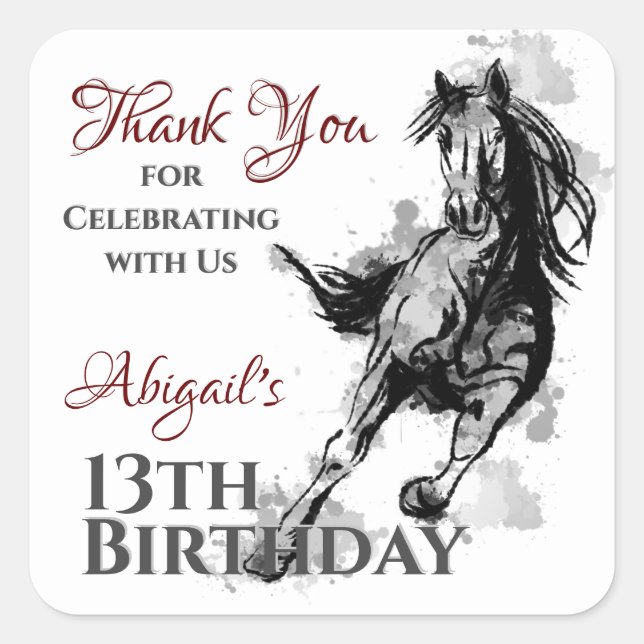 Personalised Galloping Horse Thank You Birthday Square Sticker (Front)