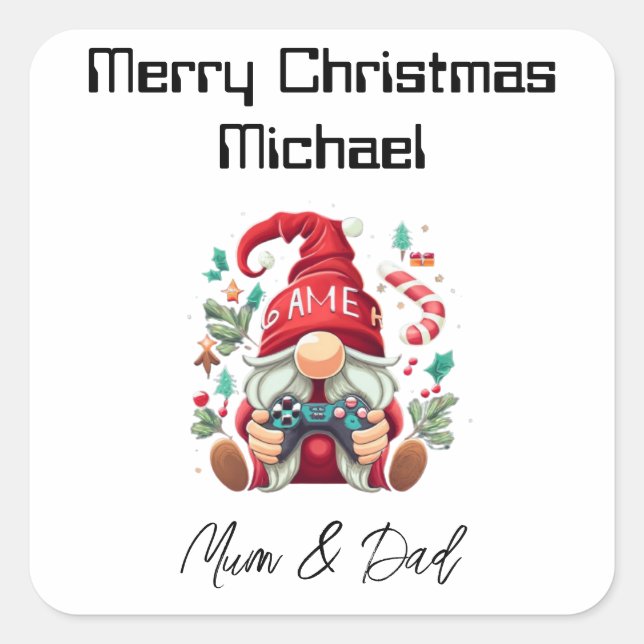 Personalised Gamer Christmas Card Square Sticker (Front)