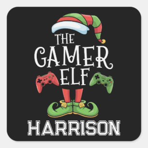 Personalised Gamer Elf Christmas Video Gaming Square Sticker