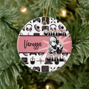 Personalised Gamer Girl   Gaming  Ceramic Tree Decoration