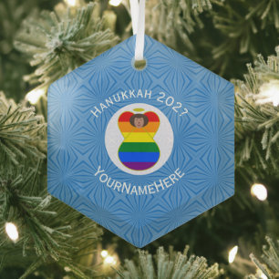 Personalised Gay Pride Brown Angel Hanukkah Flag Glass Tree Decoration