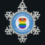 Personalised Gay Pride Brown Angel Hanukkah Flag Snowflake Pewter Christmas Ornament<br><div class="desc">Dark skinned angel, could be LatinX or Asian, wears the Gay Pride Rainbow Flag on this snowflake pewter ornament for Hanukkah decor. The Gay Pride Hanukkah Angel for LGBTQ is inside a circle of white squiggly squares surrounded by a background of blue squiggly squares. Add a name to personalise and...</div>