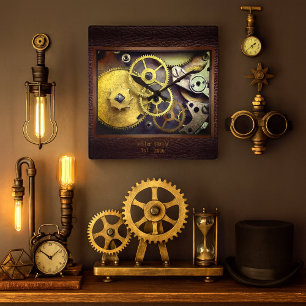 Personalised Gears with Leather Wall Clock