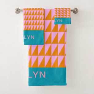 Personalised Geometric Art Turquoise Orange Pink Bath Towel Set