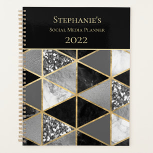 Personalised Geometric Black and White Marble Pla Planner