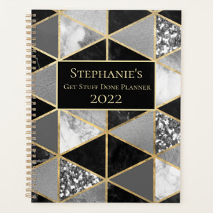 Personalised Geometric Black and White Marble Planner