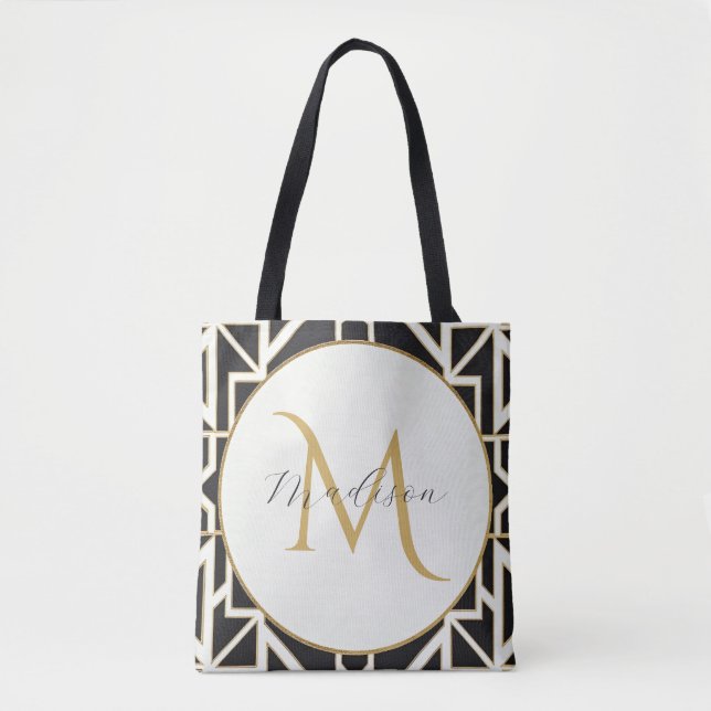 Personalised Geometric Black White Gold Monogram  Tote Bag (Front)