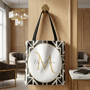 Personalised Geometric Black White Gold Monogram Tote Bag