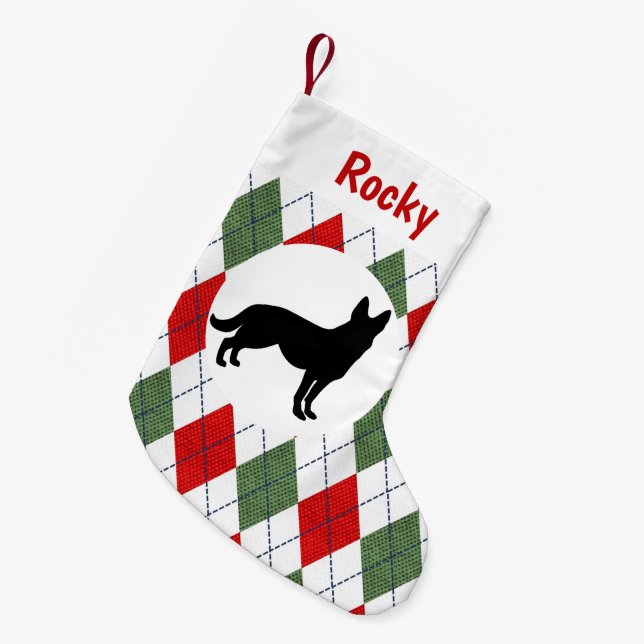 Personalised German Shepherd Red And Green Argyle Small Christmas Stocking (Front (Hanging))