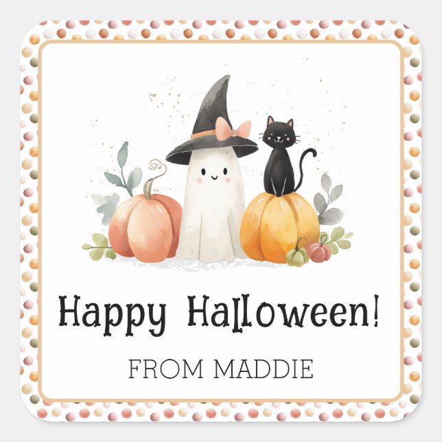 Personalised Ghost and Black Cat Halloween Square Sticker (Front)