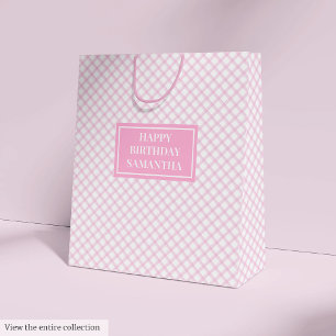 Personalised Gift Bag Pink Plaid Birthday Accent