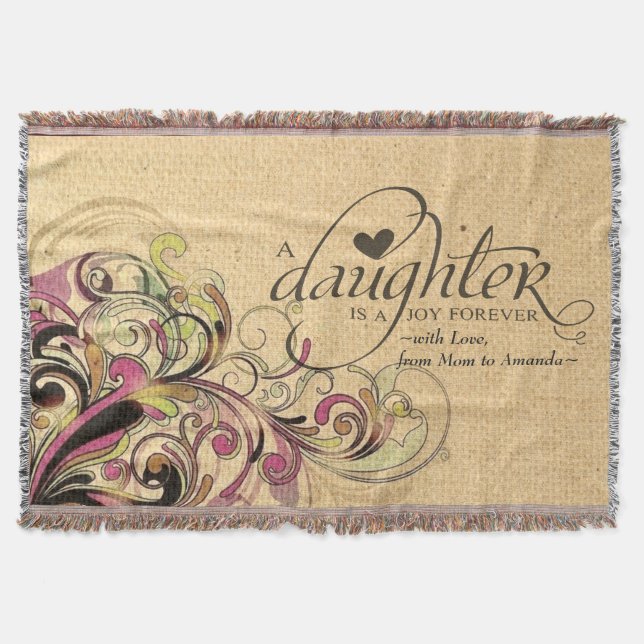 Personalised Gift for Daughter Retro Floral Burlap Throw Blanket (Front)