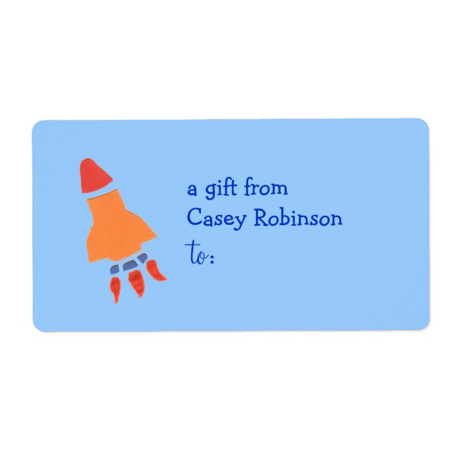 Personalised gift tag label -- rocket theme (Front)