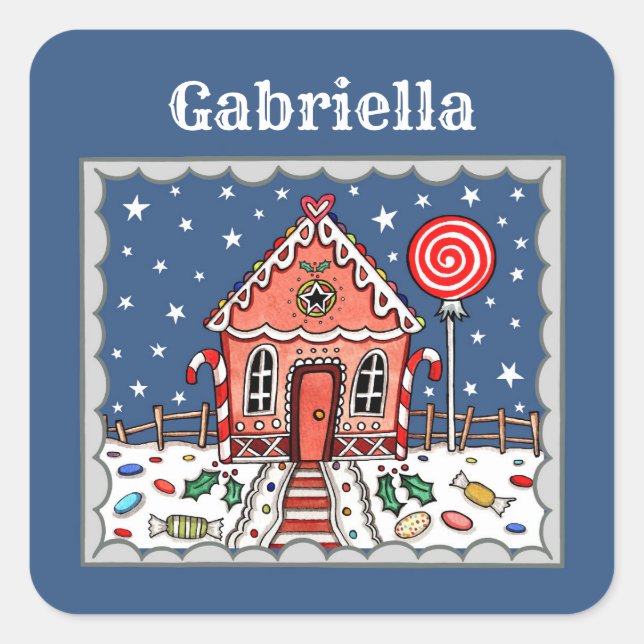 Personalised Gingerbread House Square Sticker (Front)