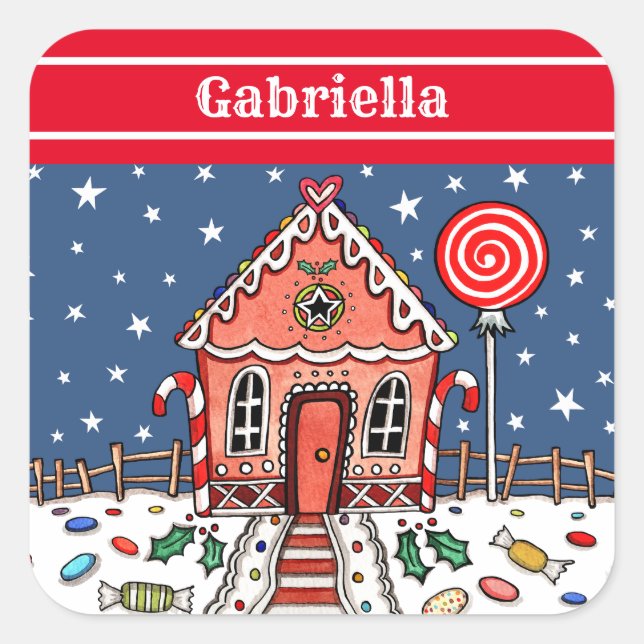 Personalised Gingerbread House Square Sticker (Front)