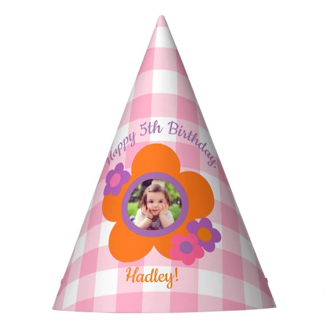 Personalised Gingham and Flowers Photo Party Hat (Front)