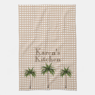 Personalised Gingham Check   Green Palm Trees Tea Towel