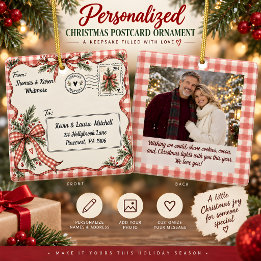 Personalised Gingham Christmas Postcard Ceramic Ornament