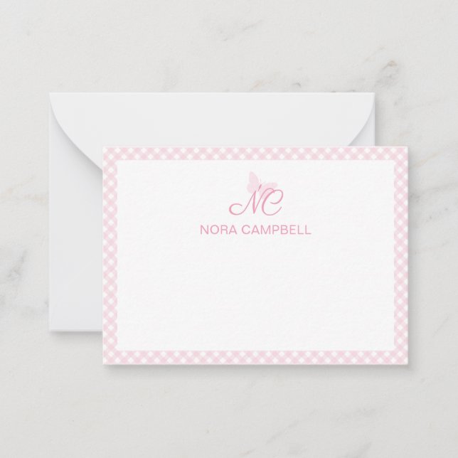 Personalised Gingham Girly Baby Pink Monogram Card (Front)