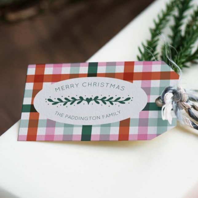 Personalised Gingham Pattern Christmas Gift Tag (Edit this Xmas gift tag with your family name.)