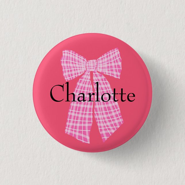Personalised Gingham Pink Romantic Coquette Bow 3 Cm Round Badge (Front)