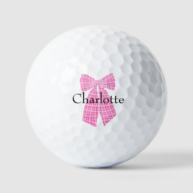 Personalised Gingham Pink Romantic Coquette Bow Golf Balls (Front)