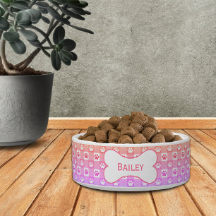 Personalised Gingham with Paw Prints Bone Pet Bowl