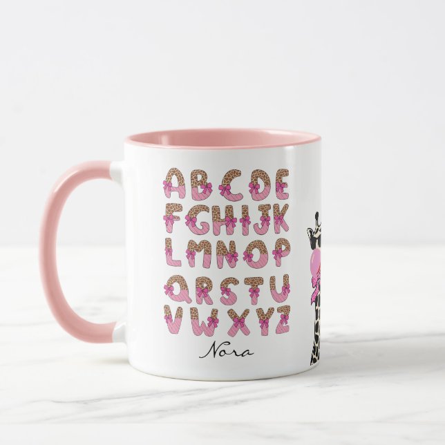 Personalised Giraffe Pink Bow Alphabet  Mug (Left)