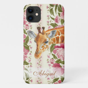 Personalised Giraffe with Pretty Pink Flowers iPhone 11 Case