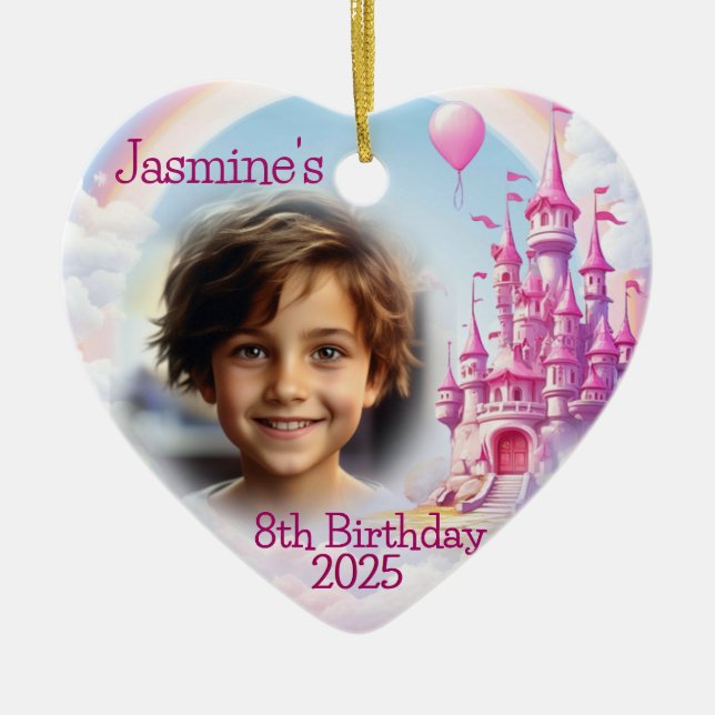 Personalised Girl 8th Birthday Photo Heart Gift Ceramic Tree Decoration (Front)