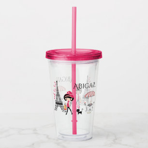 Personalised Girl and Cat Eiffel Tower Paris Acrylic Tumbler