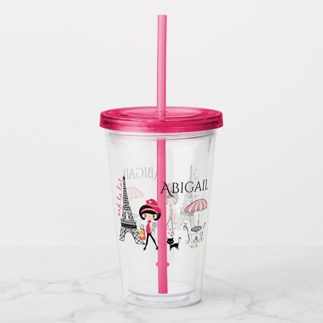 Personalised Girl and Cat Eiffel Tower Paris Acrylic Tumbler (Front)
