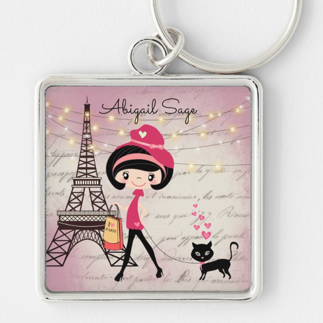 Personalised Girl and Cat in Paris Eiffel Tower Key Ring (Front)