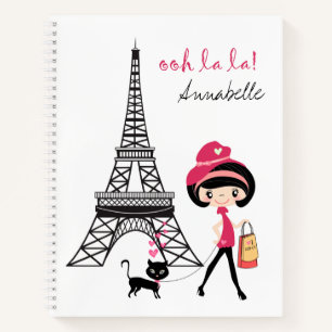 Personalised Girl and Cat Paris Eiffel Tower Notebook