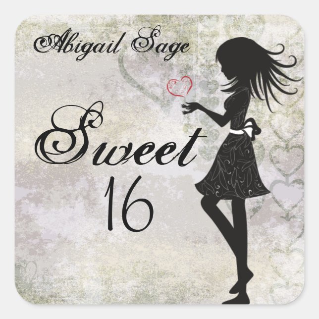 Personalised Girl and Hearts Sweet 16 Stickers (Front)