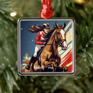 Personalised Girl and Horse Jumping Christmas Metal Tree Decoration