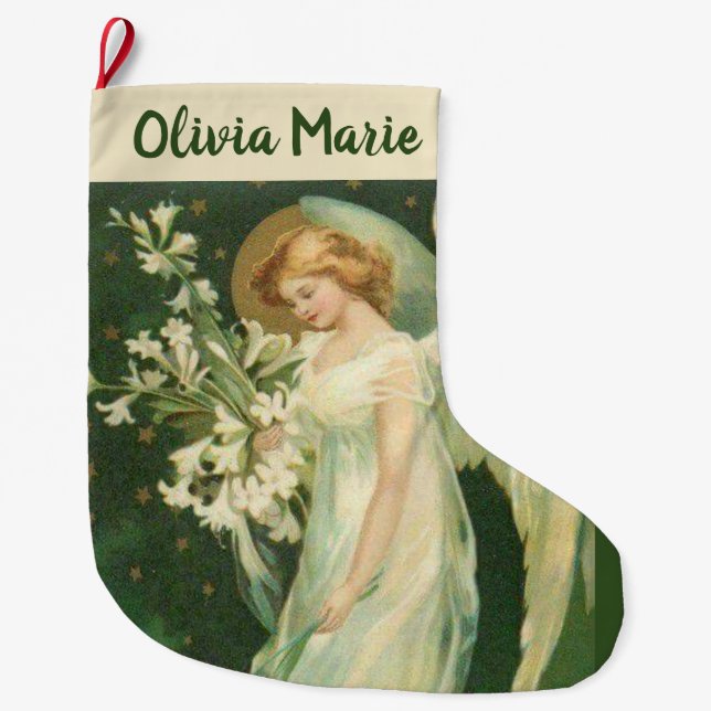 Personalised Girl Angel with flowers Large Christmas Stocking (Front)