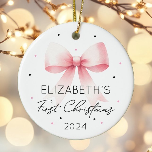 Personalised Girl Baby First Christmas Pink Bow Ceramic Tree Decoration (Creator Uploaded)