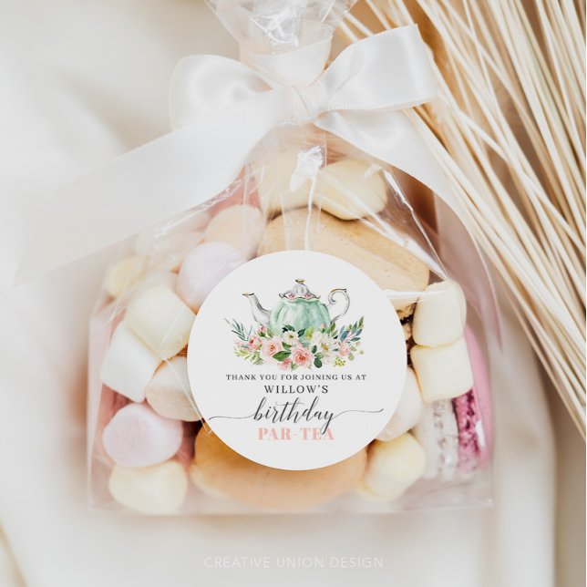 Personalised Girl Birthday Par-Tea Tea Party Classic Round Sticker (Creator Uploaded)