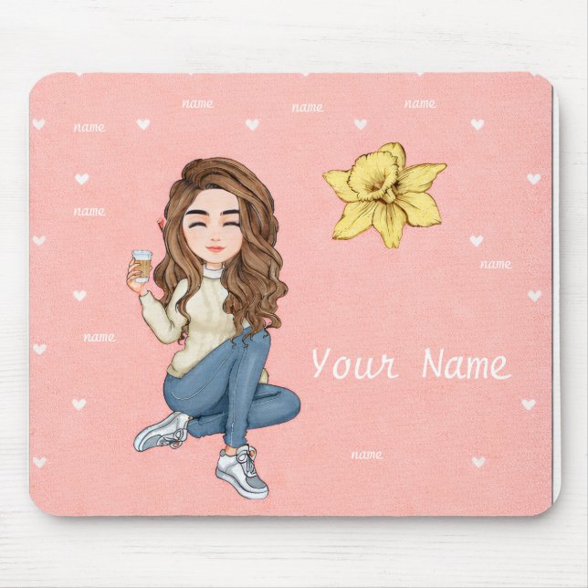 Personalised Girl Boss Mouse Pad with Hearts  (Front)