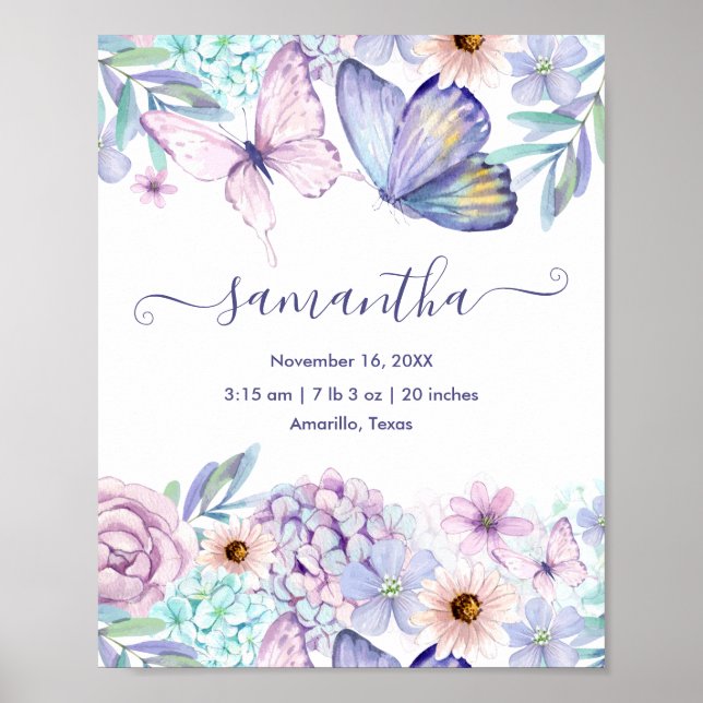 Personalised Girl Butterfly Floral Birth Stats Poster (Front)
