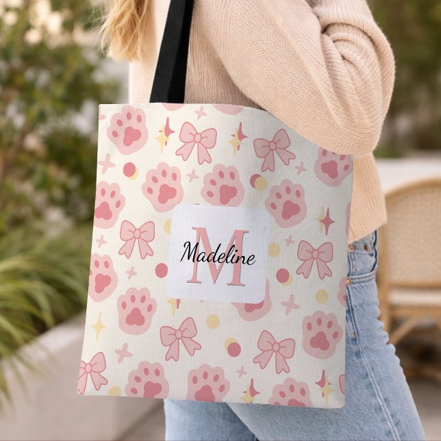 Personalised Girl Cat Paw Cute Bow Name Pink Tote Bag (Creator Uploaded)