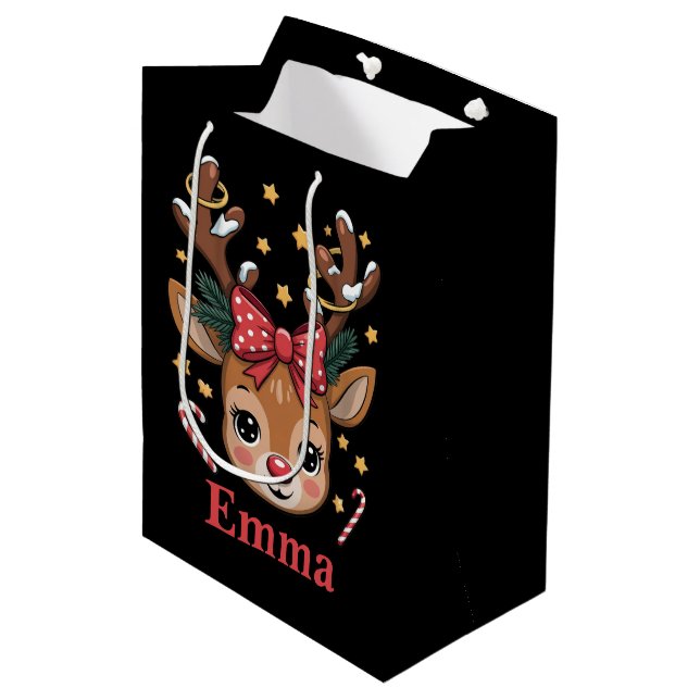 Personalised Girl Christmas Reindeer Family Xmas Medium Gift Bag (Front Angled)