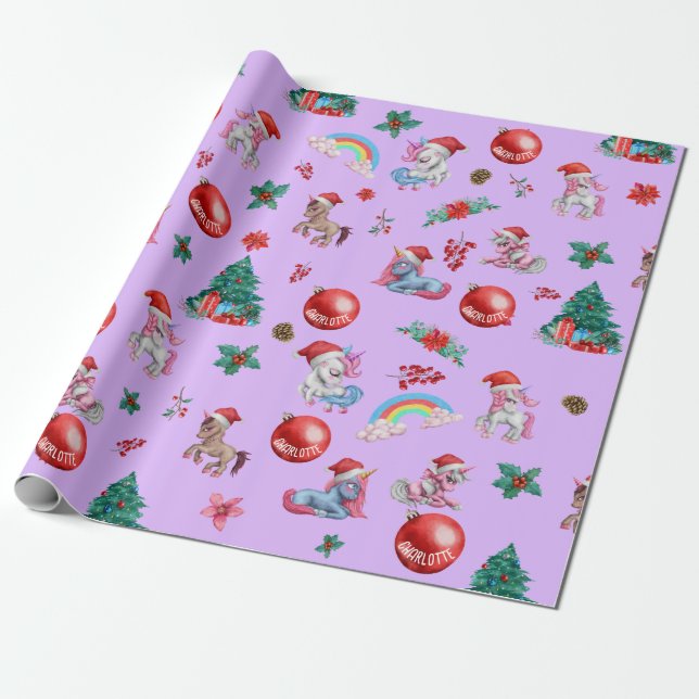 Personalised Girl Christmas Wrapping Paper Unicorn (Unrolled)