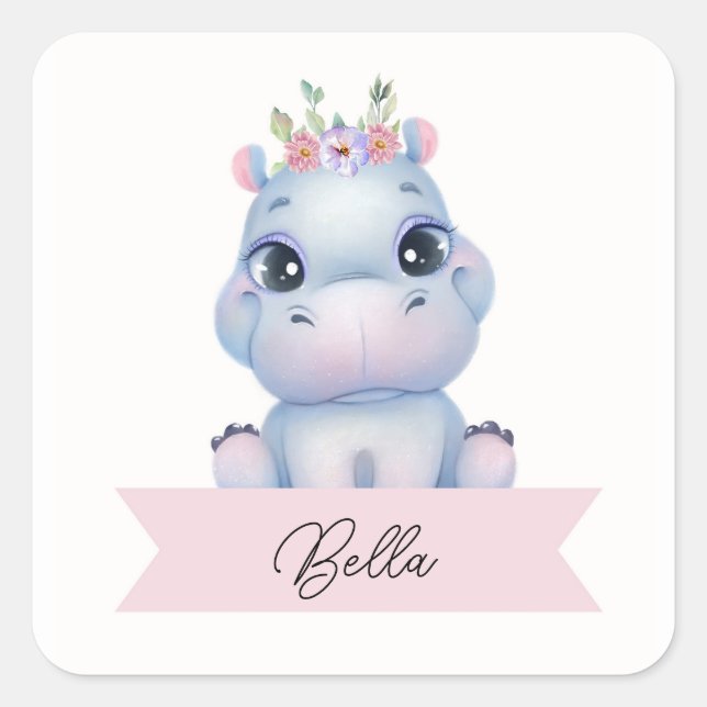 Personalised girl hippo  square sticker (Front)